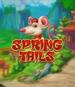 A whimsical illustration of a mouse dressed in traditional Chinese attire standing in a picturesque mountain backdrop. The image is for the Spring Tails game by Betsoft, showcased with prominent red and gold logo text.